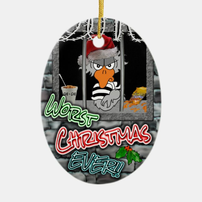 Prison Christmas Ornament: Worst Christmas Ever! Ceramic Tree Decoration (Front)