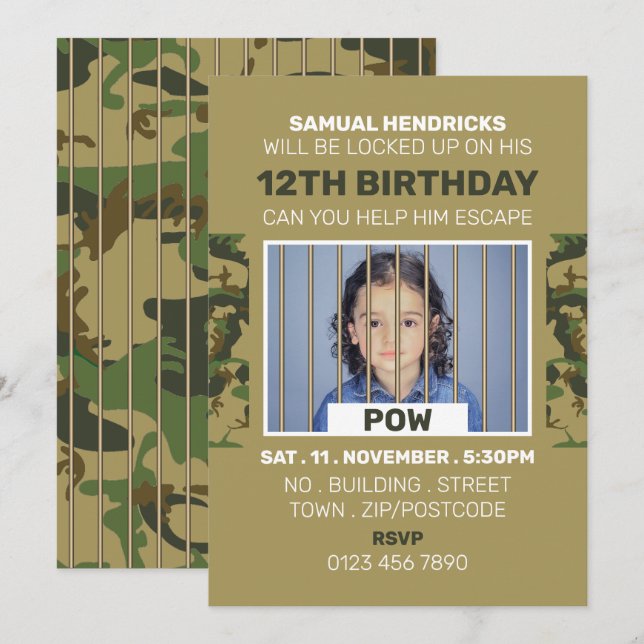 Prisoner of War Themed Escape Room, Birthday Party Invitation (Front/Back)