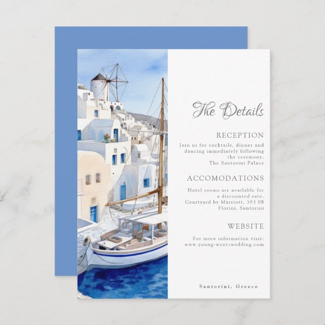 Pristine Blue and White Santorini Wedding Details Card (Front/Back)