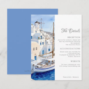 Pristine Blue and White Santorini Wedding Details Card
