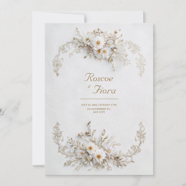 Pristine White Floral Gold Vine Elegant Wedding Invitation (Front)