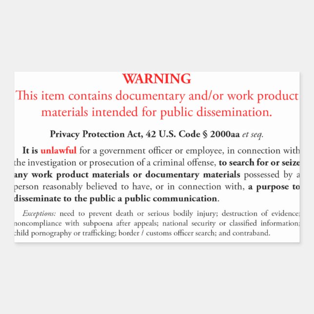 Privacy Protection Act sticker, white rectangle Rectangular Sticker (Front)