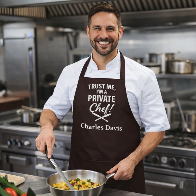 Private chef bistre brown script slogan apron (Creator Uploaded)