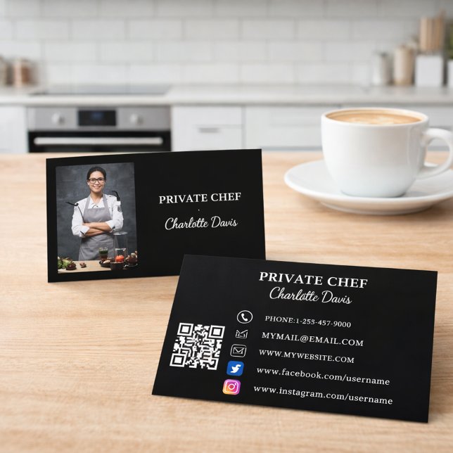 Private chef black white photo catering QR code Business Card (Creator Uploaded)