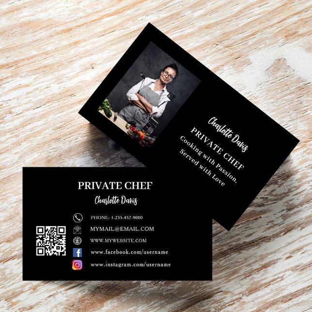 Private chef black white photo slogan love QR code Business Card (Creator Uploaded)