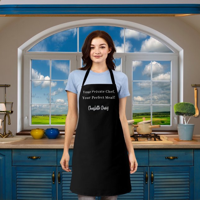 Private chef black white script slogan apron (Creator Uploaded)