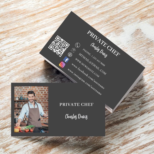 Private chef charcoal grey photo catering QR code Business Card (Creator Uploaded)