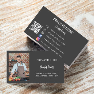 Private chef charcoal grey photo catering QR code Business Card