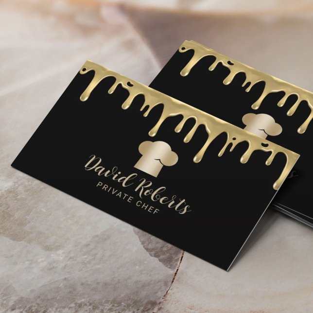 Private Chef Modern Gold Drips Modern Party Chef Business Card (Creator Uploaded)
