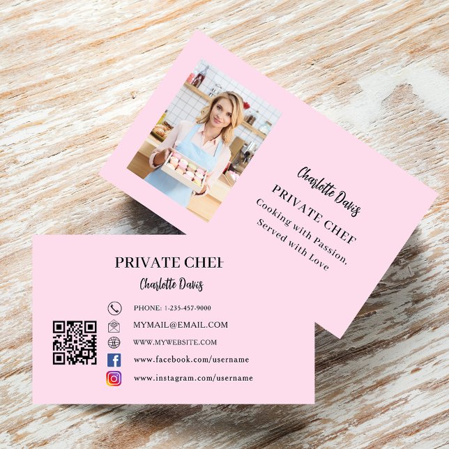 Private chef pink photo slogan love QR code Business Card (Creator Uploaded)
