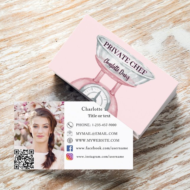 Private chef pink scale female photo QR code Business Card (Creator Uploaded)