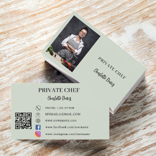 Private chef sage green photo catering QR code Business Card