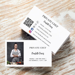 Private chef white black photo catering QR code Business Card