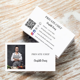 Private chef white black photo catering QR code Business Card