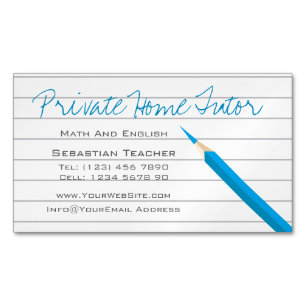 Private Home Tutor Blue Pencil And Lined Paper Magnetic Business Card