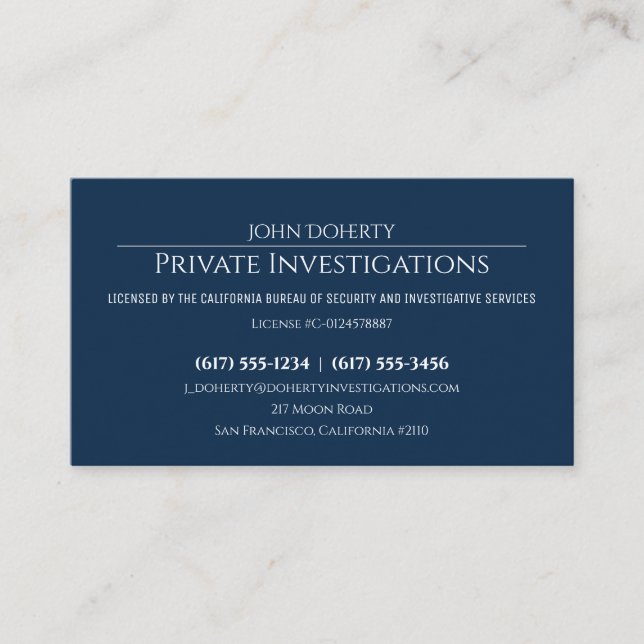 Private Investigations | Detective Deep Blue Business Card (Front)