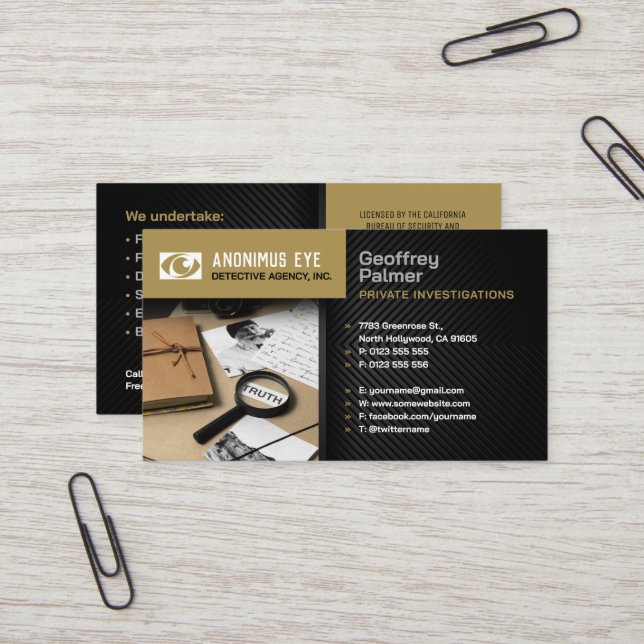Private Investigations | Detective Professional Business Card (Front/Back In Situ)