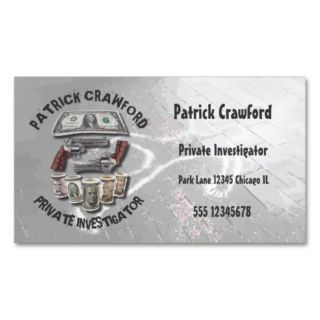 Private Investigator Detective With Guns And Money Magnetic Business Card (Front)