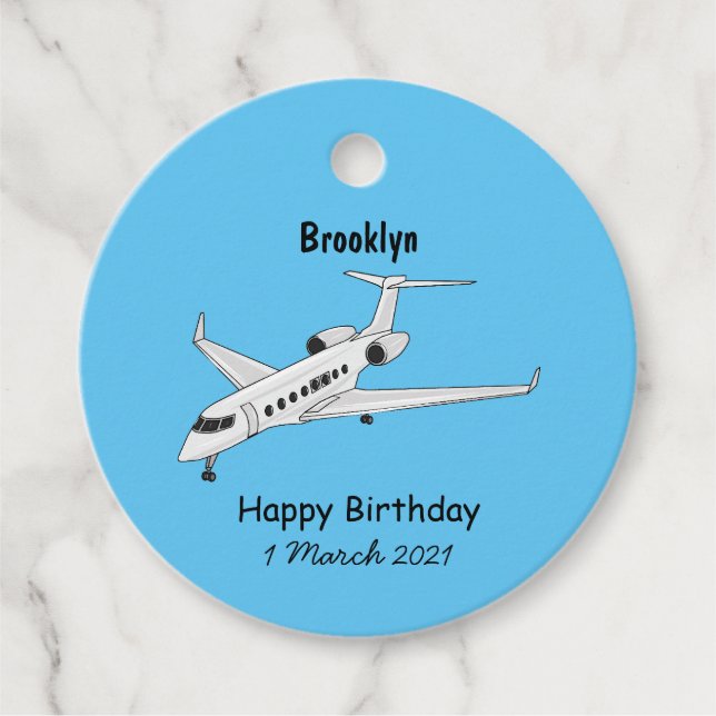 Private jet cartoon illustration favour tags (Front)
