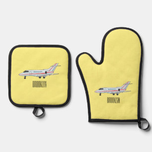 Private jet cartoon illustration oven mitt & pot holder set