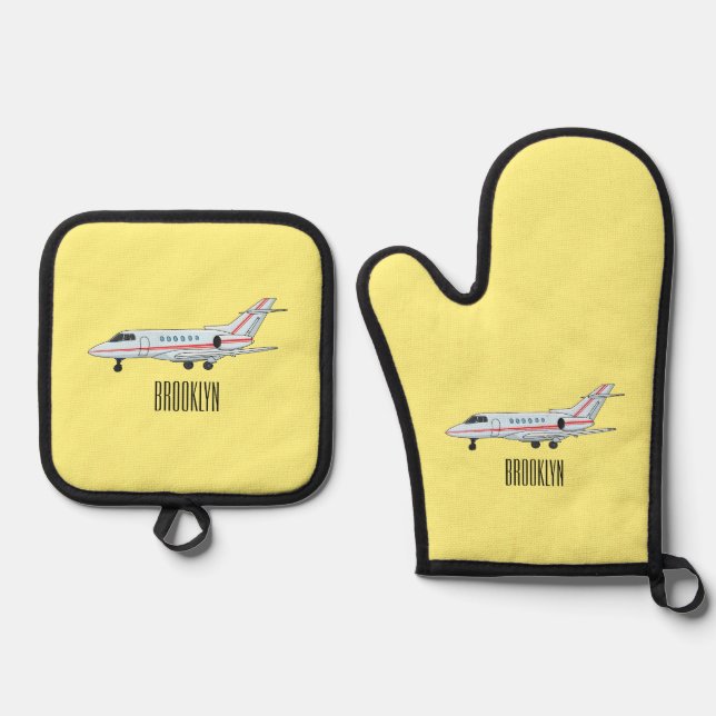 Private jet cartoon illustration oven mitt & pot holder set (Front)