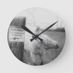 Private Property horse black & white Round Clock