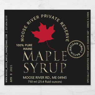 Private Reserve Maple Syrup Black with Red Leaf Liquor Bottle Label