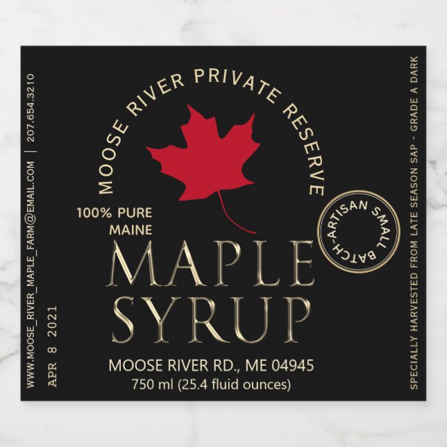 Private Reserve Maple Syrup Black with Red Leaf   Liquor Bottle Label (Single Label)