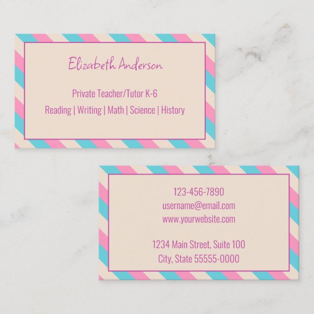 Private Teacher/Tutor Pink Beige and Blue Striped Business Card (Front/Back)