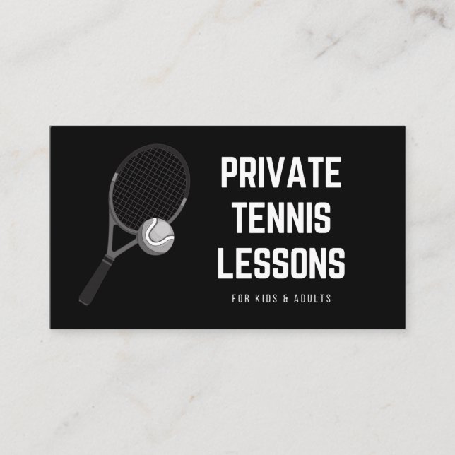 Private Tennis Lessons Cool Black & White Coach Business Card (Front)