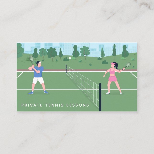 Private Tennis Lessons Modern Court Illustration   Business Card (Front)