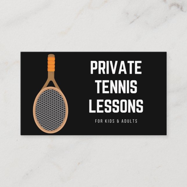 Private Tennis Lessons Stylish Black Sport Coach Business Card (Front)