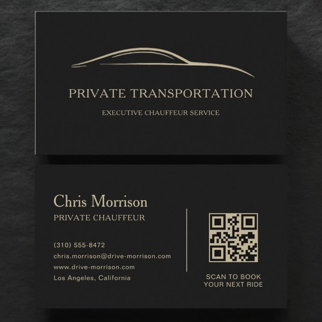 Private Transportation QR Code Black & Gold Business Card (Creator Uploaded)