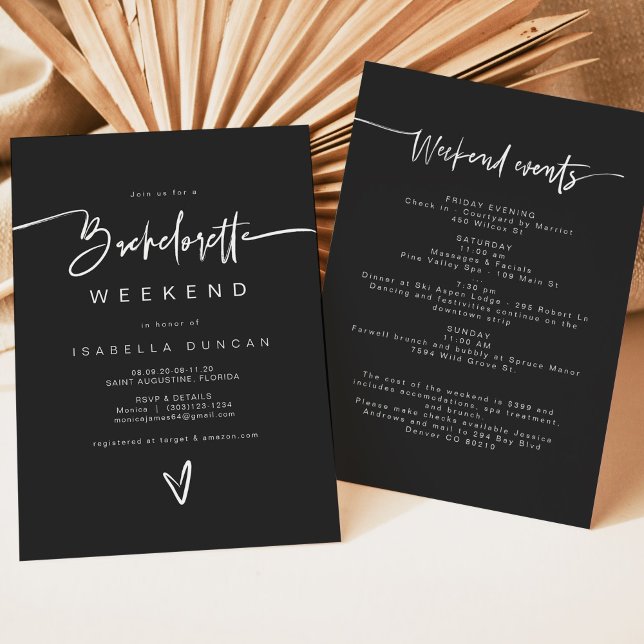PRIYA Black Contemporary Bachelorette Itinerary Invitation (Creator Uploaded)