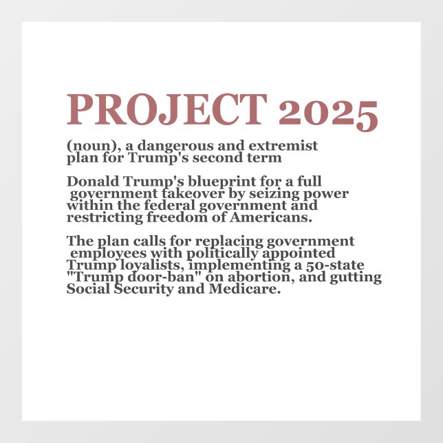 Pro Democracy Anti Project 2025 Republican Trump  Window Cling (Sheet)