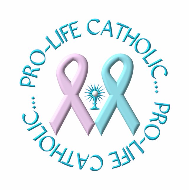 Pro-Life Catholic w/Monstrance & Pink/Blue Ribbons Standing Photo Sculpture (Front)