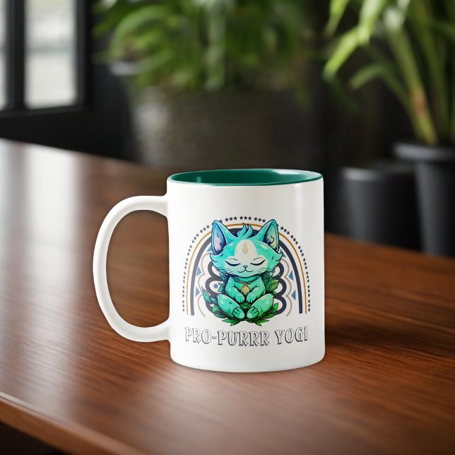 Pro-purrr Yogi Cat Lover Yoga Meditation Rainbow Two-Tone Coffee Mug (Creator Uploaded)