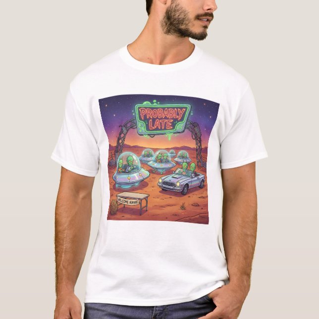 Probably Late – Funny Alien UFO Waiting Sci-Fi Car T-Shirt (Front)