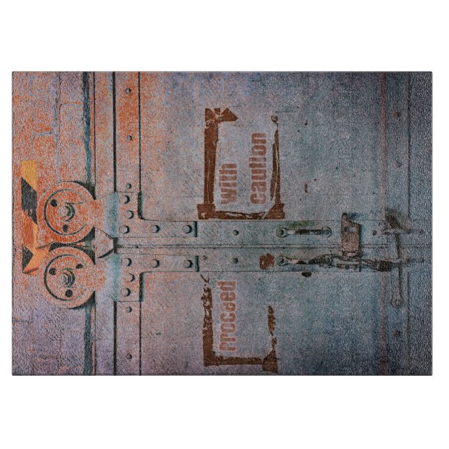 Proceed with caution blue grey industrial door cutting board (Front)