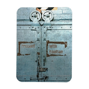 Proceed with caution blue grey industrial door magnet