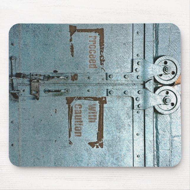 Proceed with caution blue grey industrial door mouse mat (Front)