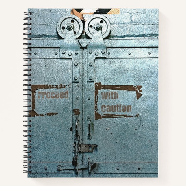 Proceed with caution blue grey industrial door notebook (Front)