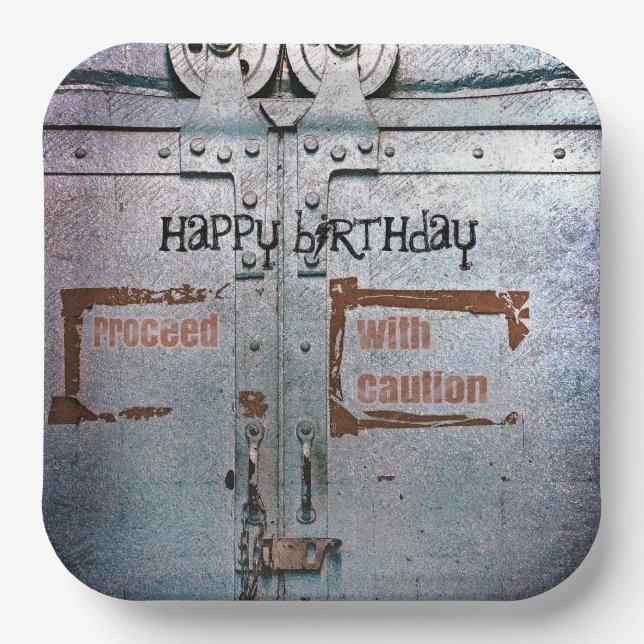 Proceed with caution blue grey industrial paper plate (Front)