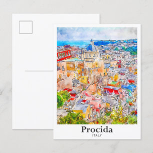 Procida Italy Travel Watercolor Sketch Hand Drawn Postcard