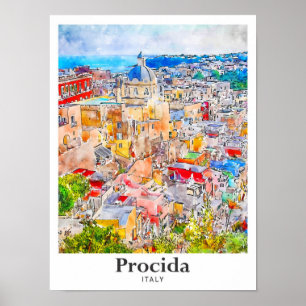 Procida Italy Travel Watercolor Sketch Hand Drawn Poster