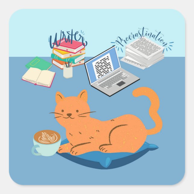 Procrastination Writer Cat Square Sticker (Front)