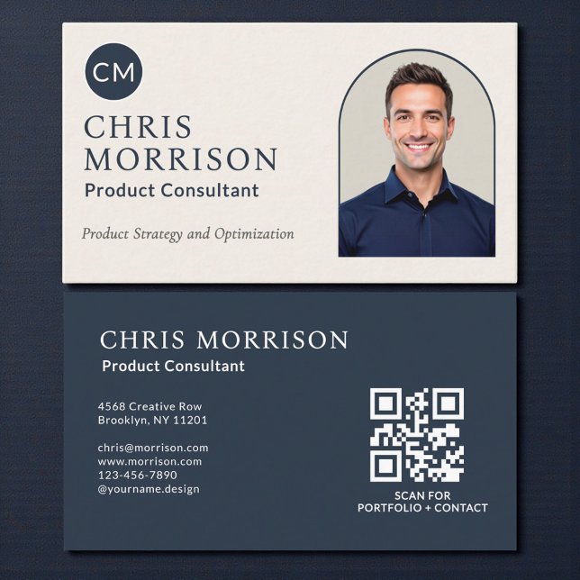 Product Consultant Photo QR Code Navy Blue Business Card (Creator Uploaded)