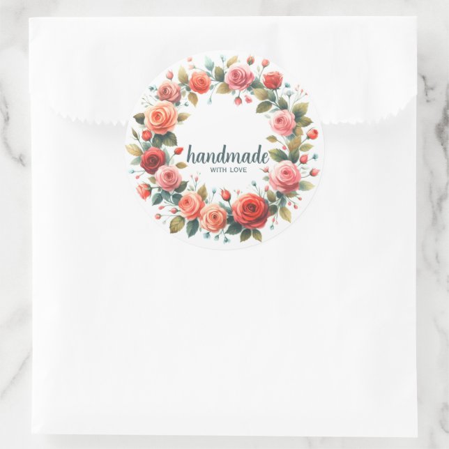 Product Label Sticker round Roses Wreath Handmade (Bag)