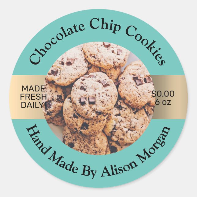 Product Name Logo Photo, Black Text, Teal & Gold Classic Round Sticker (Front)