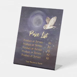 Products and Services Price List Moon and Owl Pedestal Sign